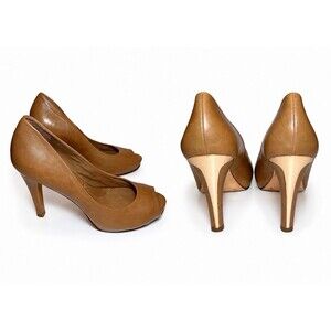 BCBG Max Azria Leather Peep Toe Platform Pumps Tan Beige Heels Women’s 8.5